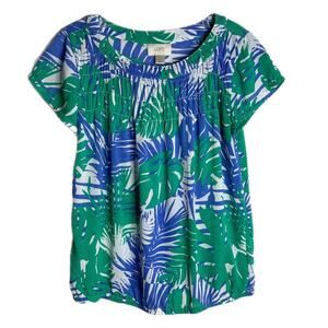 Loft Women's Georgette Blouse XS Tropical Print Cap Sleeve Sheer Blue Green Top